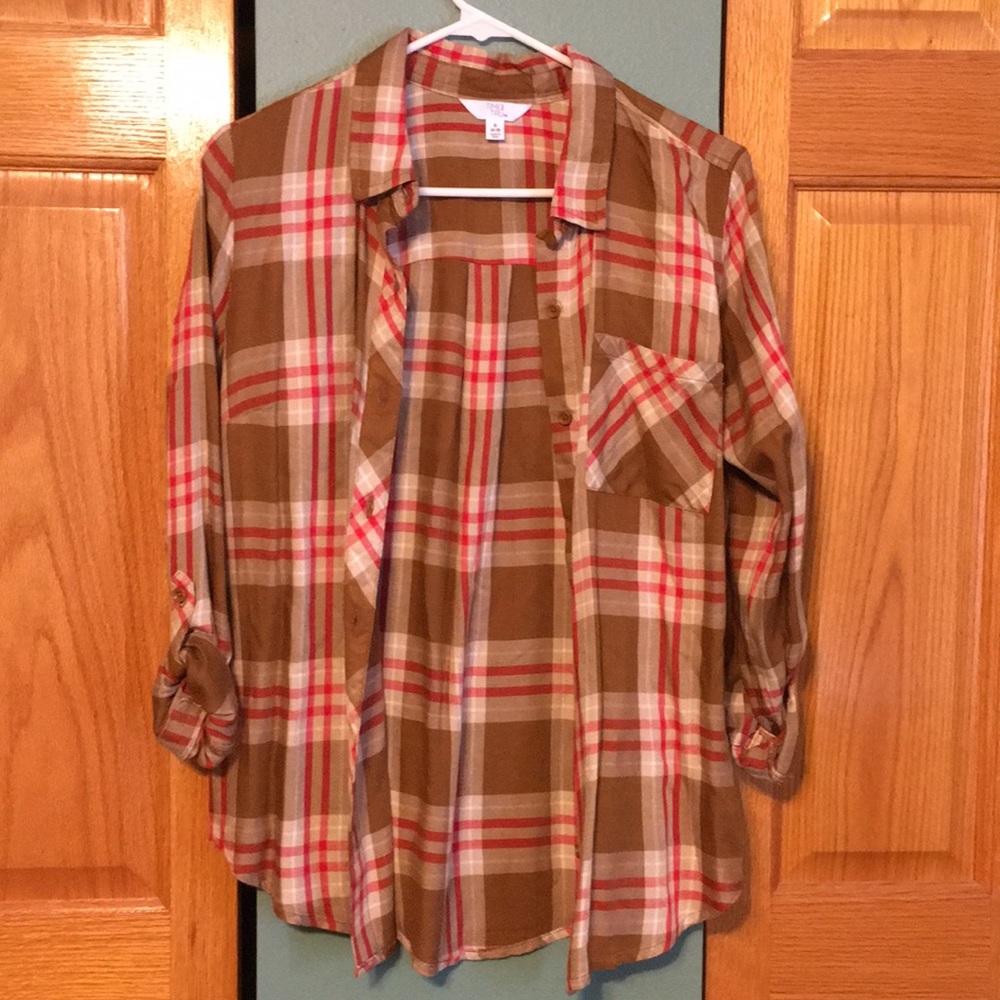 Red and brown plaid button up